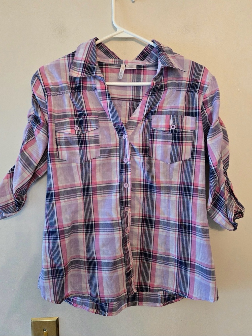 Y2k Bongo plaid shirt pink & blue collar button up v neck shirt size juniors xl